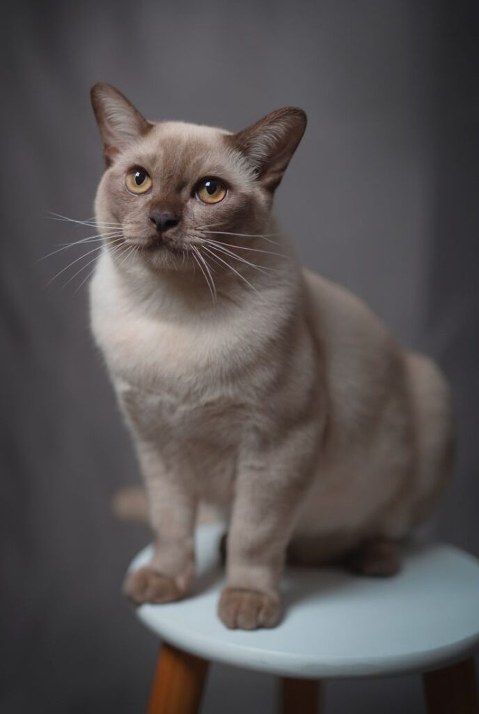 A beige cat with blue eyes sitting on a white stool.