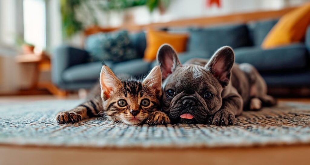 A kitten and a French bulldog puppy lying together on a rug.